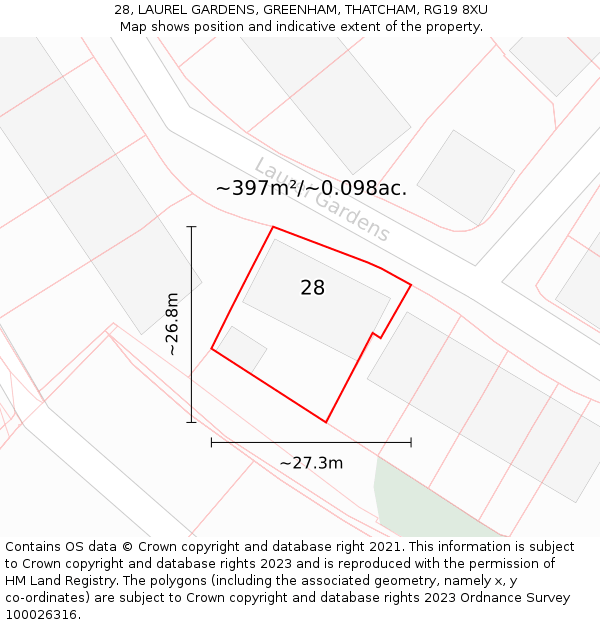 28, LAUREL GARDENS, GREENHAM, THATCHAM, RG19 8XU: Plot and title map