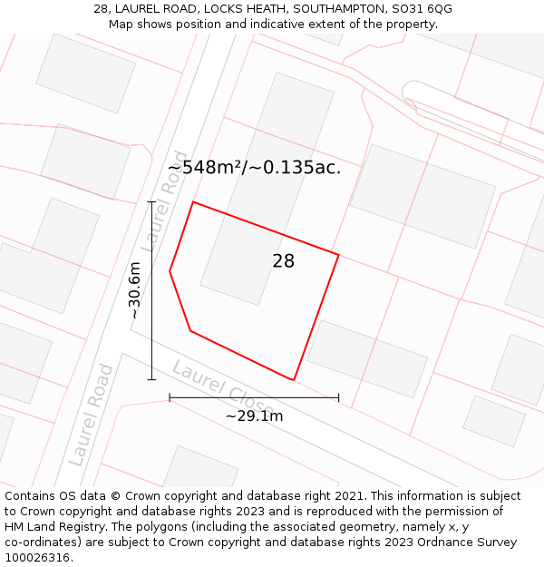 28, LAUREL ROAD, LOCKS HEATH, SOUTHAMPTON, SO31 6QG: Plot and title map