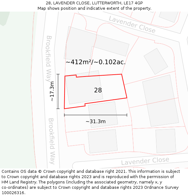 28, LAVENDER CLOSE, LUTTERWORTH, LE17 4GP: Plot and title map