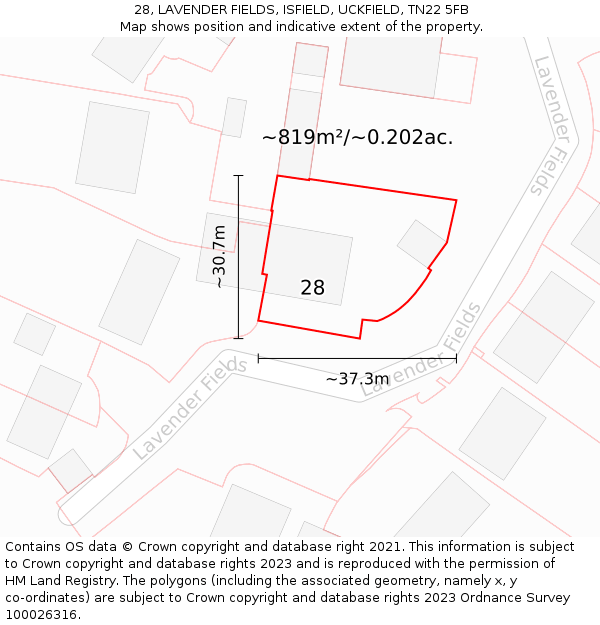28, LAVENDER FIELDS, ISFIELD, UCKFIELD, TN22 5FB: Plot and title map