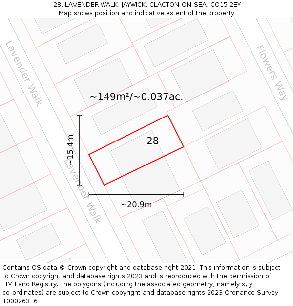 28, LAVENDER WALK, JAYWICK, CLACTON-ON-SEA, CO15 2EY: Plot and title map