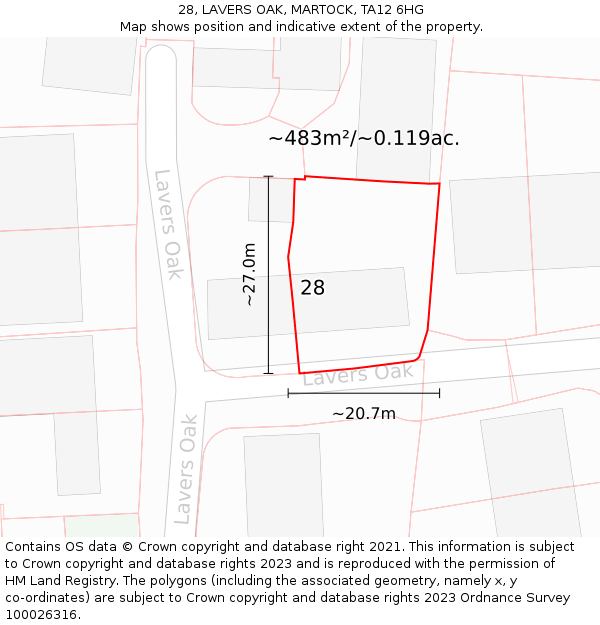 28, LAVERS OAK, MARTOCK, TA12 6HG: Plot and title map