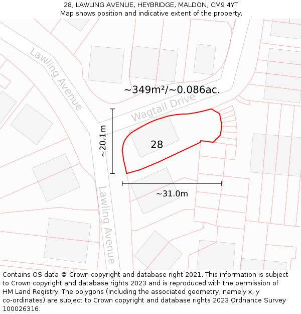 28, LAWLING AVENUE, HEYBRIDGE, MALDON, CM9 4YT: Plot and title map
