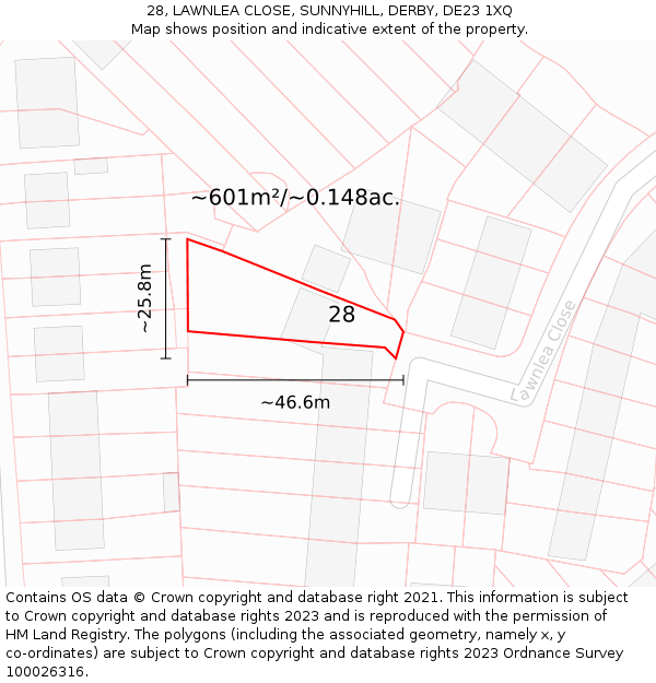 28, LAWNLEA CLOSE, SUNNYHILL, DERBY, DE23 1XQ: Plot and title map