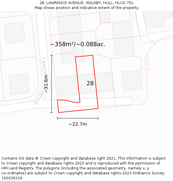 28, LAWRANCE AVENUE, ANLABY, HULL, HU10 7DL: Plot and title map