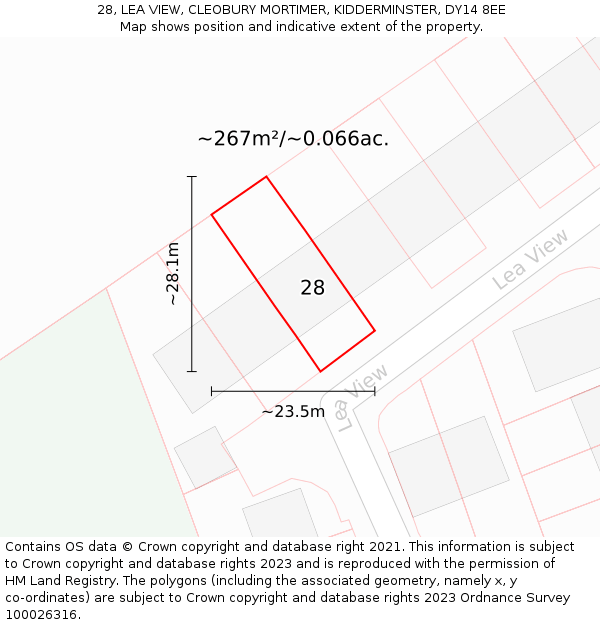 28, LEA VIEW, CLEOBURY MORTIMER, KIDDERMINSTER, DY14 8EE: Plot and title map