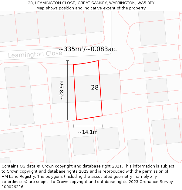 28, LEAMINGTON CLOSE, GREAT SANKEY, WARRINGTON, WA5 3PY: Plot and title map