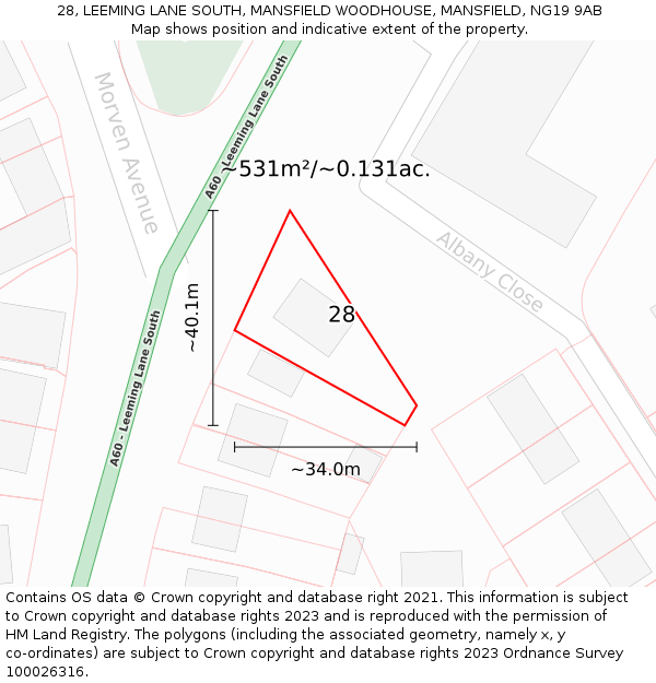 28, LEEMING LANE SOUTH, MANSFIELD WOODHOUSE, MANSFIELD, NG19 9AB: Plot and title map