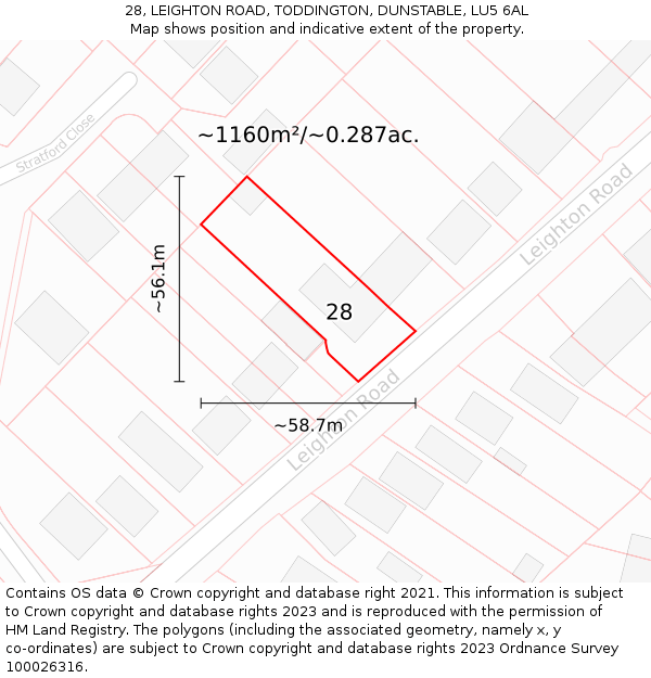 28, LEIGHTON ROAD, TODDINGTON, DUNSTABLE, LU5 6AL: Plot and title map