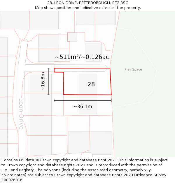 28, LEON DRIVE, PETERBOROUGH, PE2 8SG: Plot and title map