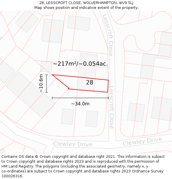 28, LESSCROFT CLOSE, WOLVERHAMPTON, WV9 5LJ: Plot and title map