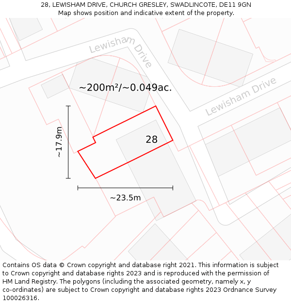 28, LEWISHAM DRIVE, CHURCH GRESLEY, SWADLINCOTE, DE11 9GN: Plot and title map