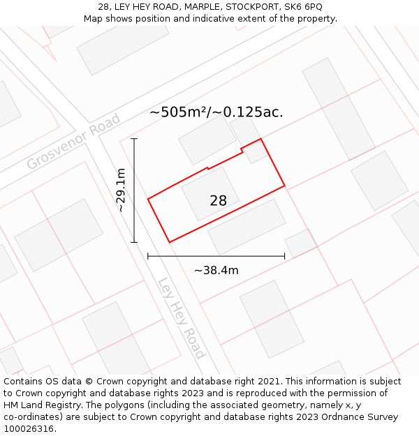 28, LEY HEY ROAD, MARPLE, STOCKPORT, SK6 6PQ: Plot and title map