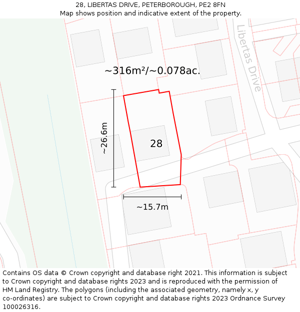 28, LIBERTAS DRIVE, PETERBOROUGH, PE2 8FN: Plot and title map