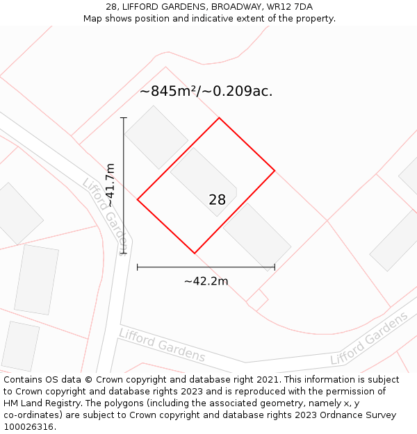 28, LIFFORD GARDENS, BROADWAY, WR12 7DA: Plot and title map
