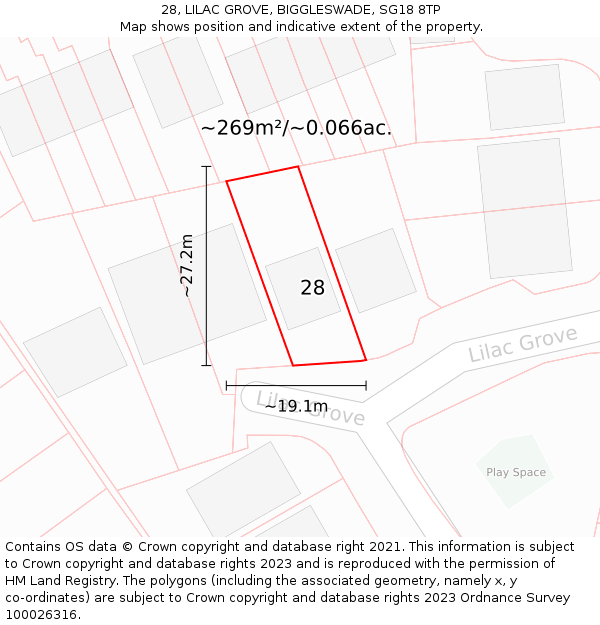 28, LILAC GROVE, BIGGLESWADE, SG18 8TP: Plot and title map