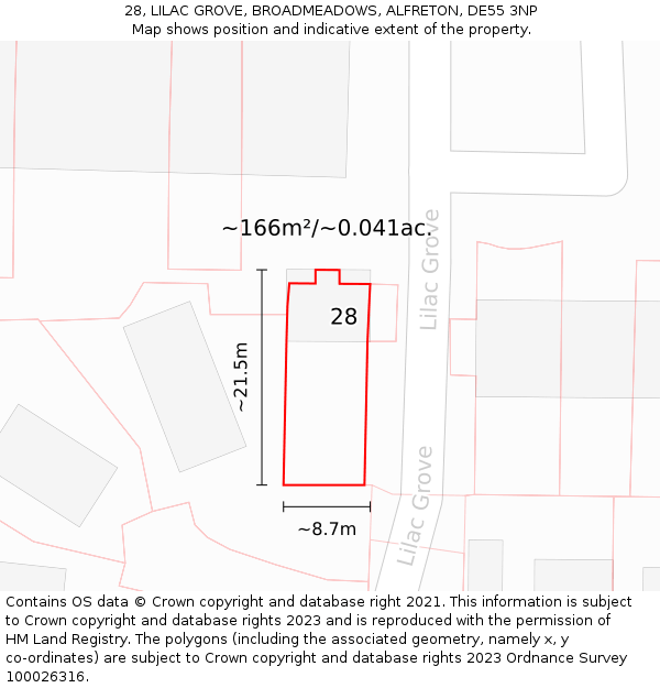 28, LILAC GROVE, BROADMEADOWS, ALFRETON, DE55 3NP: Plot and title map