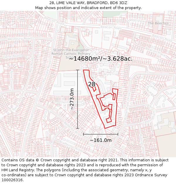 28, LIME VALE WAY, BRADFORD, BD6 3DZ: Plot and title map