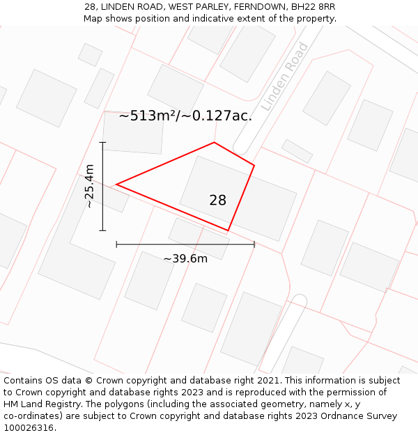 28, LINDEN ROAD, WEST PARLEY, FERNDOWN, BH22 8RR: Plot and title map