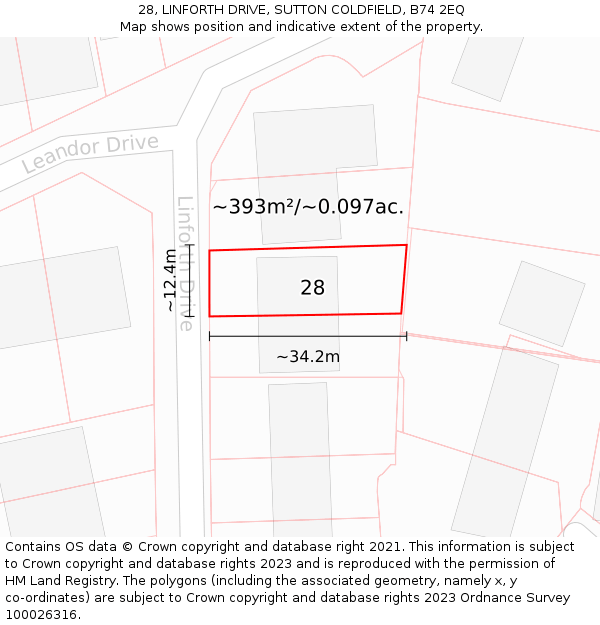 28, LINFORTH DRIVE, SUTTON COLDFIELD, B74 2EQ: Plot and title map