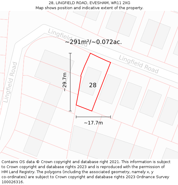 28, LINGFIELD ROAD, EVESHAM, WR11 2XG: Plot and title map