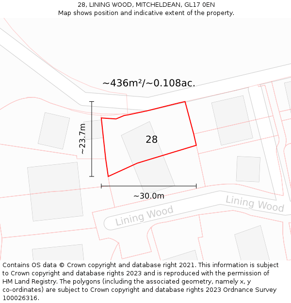 28, LINING WOOD, MITCHELDEAN, GL17 0EN: Plot and title map