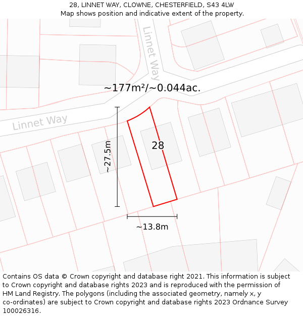 28, LINNET WAY, CLOWNE, CHESTERFIELD, S43 4LW: Plot and title map