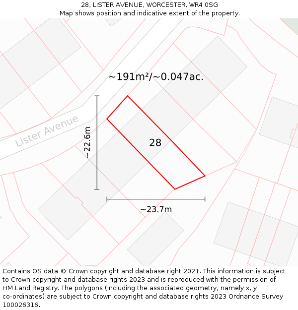 28, LISTER AVENUE, WORCESTER, WR4 0SG: Plot and title map