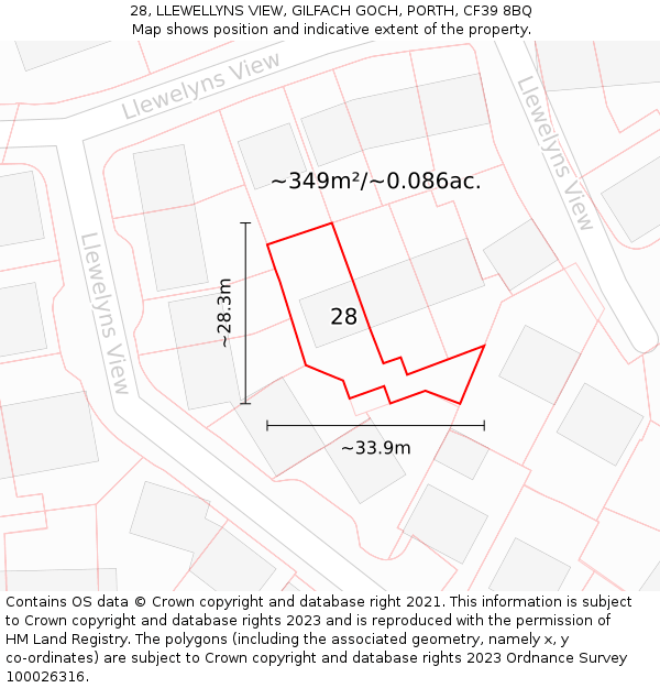 28, LLEWELLYNS VIEW, GILFACH GOCH, PORTH, CF39 8BQ: Plot and title map