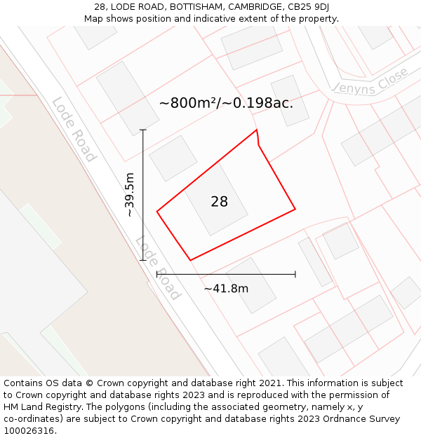 28, LODE ROAD, BOTTISHAM, CAMBRIDGE, CB25 9DJ: Plot and title map