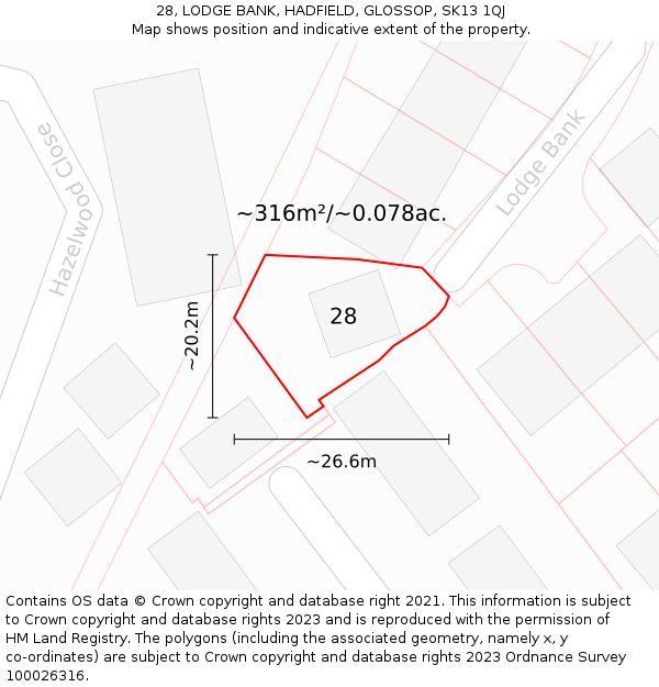 28, LODGE BANK, HADFIELD, GLOSSOP, SK13 1QJ: Plot and title map