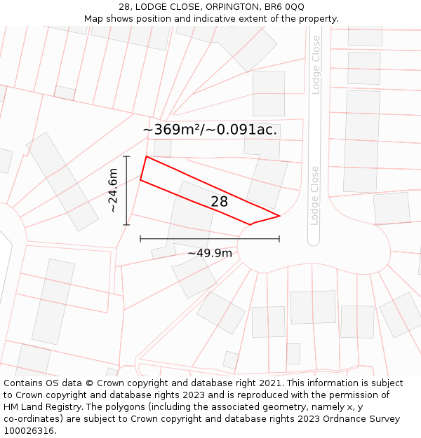 28, LODGE CLOSE, ORPINGTON, BR6 0QQ: Plot and title map