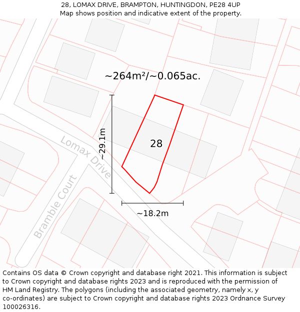 28, LOMAX DRIVE, BRAMPTON, HUNTINGDON, PE28 4UP: Plot and title map