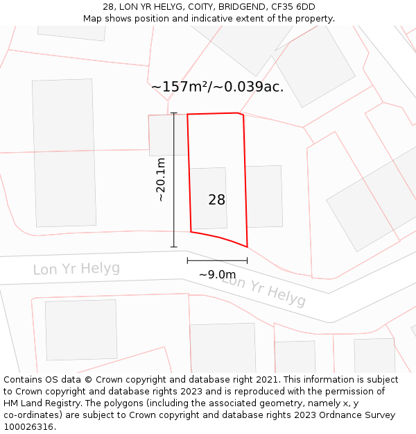 28, LON YR HELYG, COITY, BRIDGEND, CF35 6DD: Plot and title map