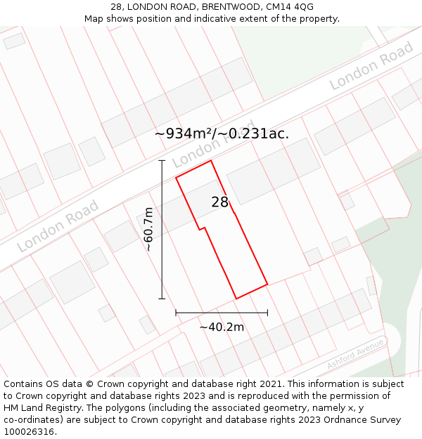 28, LONDON ROAD, BRENTWOOD, CM14 4QG: Plot and title map