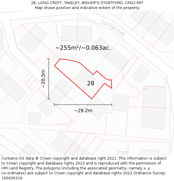 28, LONG CROFT, TAKELEY, BISHOP'S STORTFORD, CM22 6RT: Plot and title map