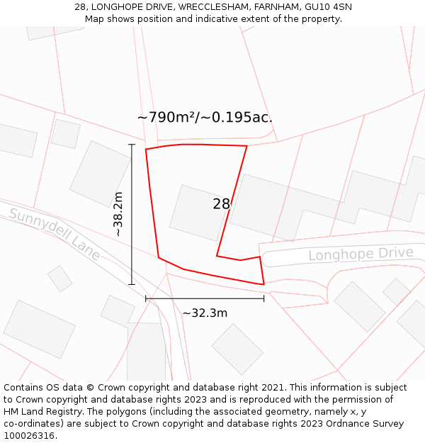 28, LONGHOPE DRIVE, WRECCLESHAM, FARNHAM, GU10 4SN: Plot and title map