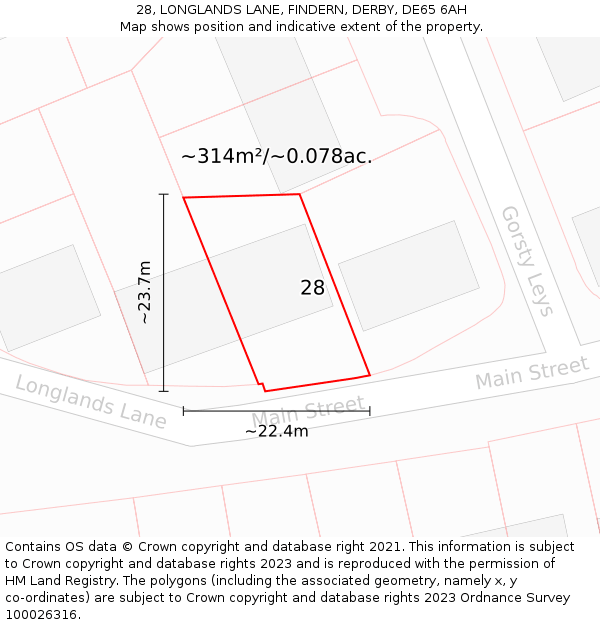 28, LONGLANDS LANE, FINDERN, DERBY, DE65 6AH: Plot and title map