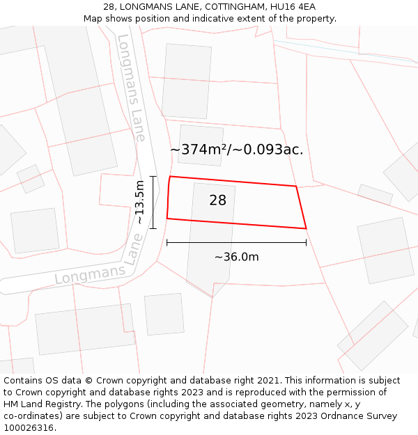 28, LONGMANS LANE, COTTINGHAM, HU16 4EA: Plot and title map