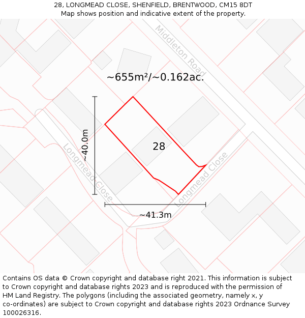 28, LONGMEAD CLOSE, SHENFIELD, BRENTWOOD, CM15 8DT: Plot and title map