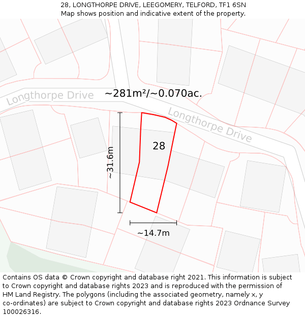 28, LONGTHORPE DRIVE, LEEGOMERY, TELFORD, TF1 6SN: Plot and title map