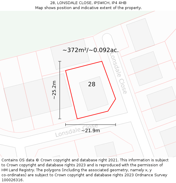 28, LONSDALE CLOSE, IPSWICH, IP4 4HB: Plot and title map