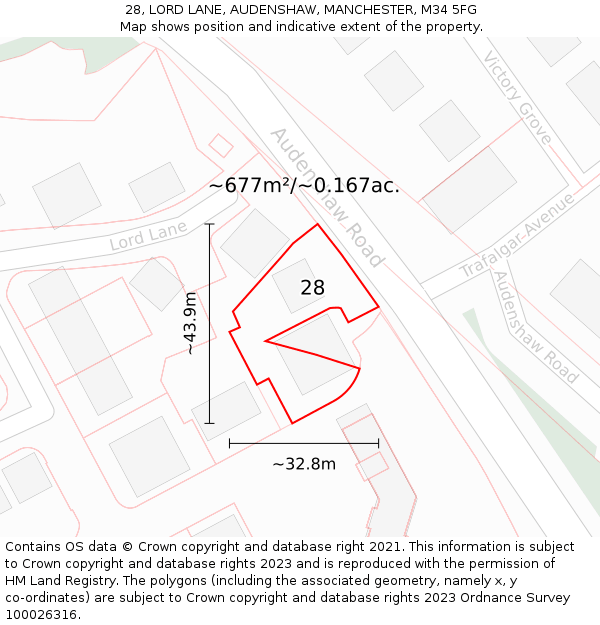28, LORD LANE, AUDENSHAW, MANCHESTER, M34 5FG: Plot and title map