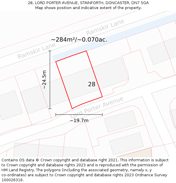 28, LORD PORTER AVENUE, STAINFORTH, DONCASTER, DN7 5GA: Plot and title map