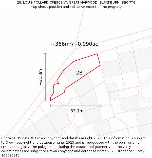 28, LOUIE POLLARD CRESCENT, GREAT HARWOOD, BLACKBURN, BB6 7TG: Plot and title map
