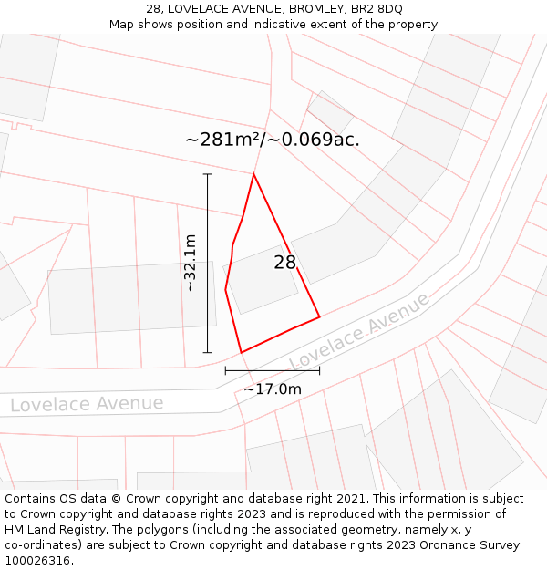 28, LOVELACE AVENUE, BROMLEY, BR2 8DQ: Plot and title map
