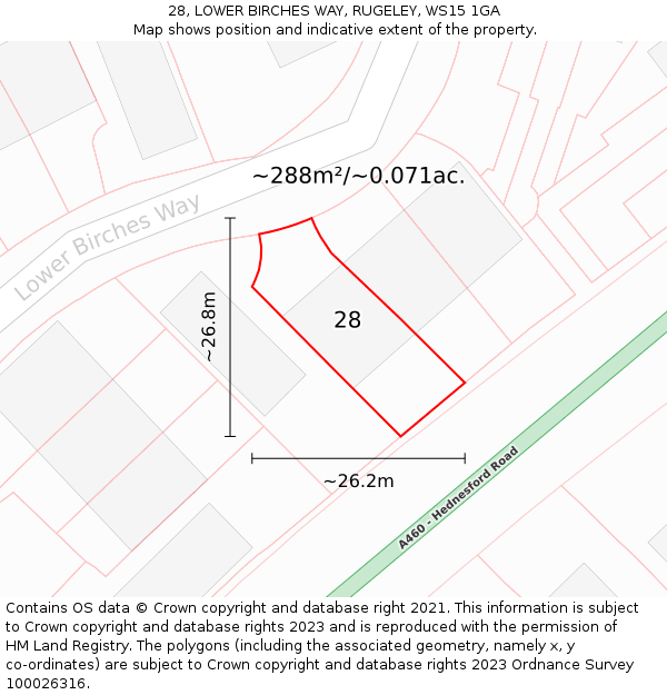28, LOWER BIRCHES WAY, RUGELEY, WS15 1GA: Plot and title map