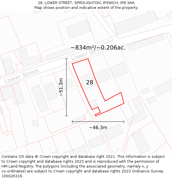 28, LOWER STREET, SPROUGHTON, IPSWICH, IP8 3AA: Plot and title map
