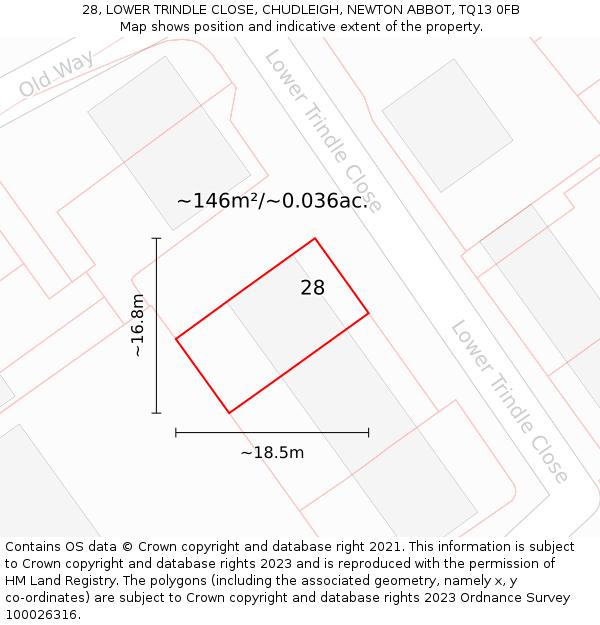 28, LOWER TRINDLE CLOSE, CHUDLEIGH, NEWTON ABBOT, TQ13 0FB: Plot and title map