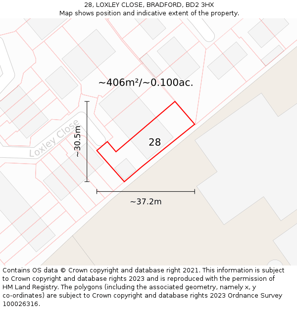 28, LOXLEY CLOSE, BRADFORD, BD2 3HX: Plot and title map